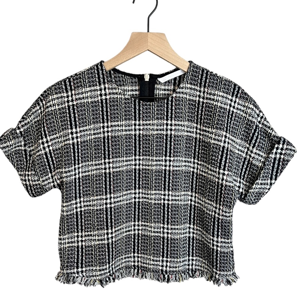 Zara Tweed Plaid Boxy Crop Top